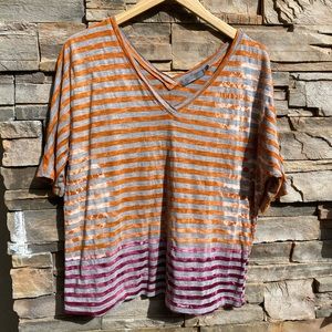 PrAna V-Neck T with Orange and Maroon Shiny Stripes